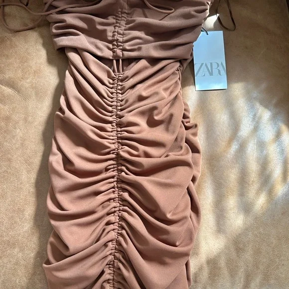 zara brown dress ruched Zara Brown Ribbed Knit Short Sleeve Side Ruched Tie Mini Bodycon Dress Size  S